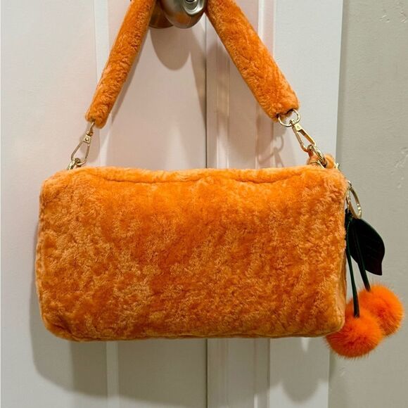 Orange Real Shearling Double Zip Pillow Bag, Lamb Fur Shoulder Bag, Crossbody - Picture 4 of 16